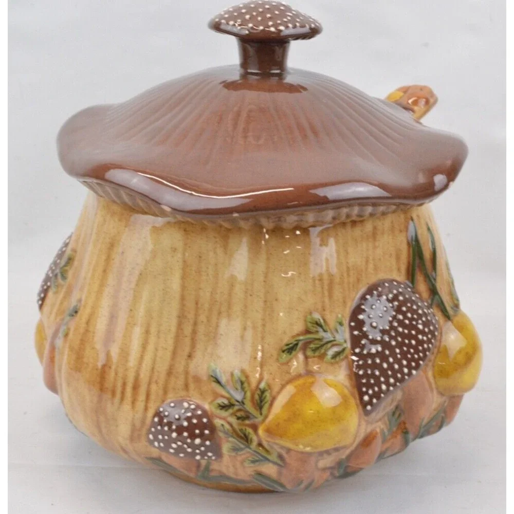 Vintage Pottery Arnel’s 3D Mushroom Shape Ceramic Serving Bowl Soup Tureen Ladle